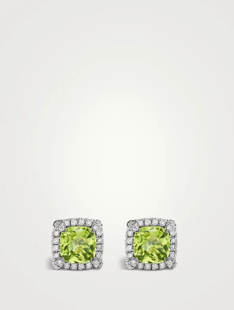 Petite Chatelaine® Pavé Bezel Stud Earrings In Sterling Silver With Peridot And Diamonds, 5mm