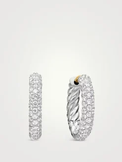 Petite Pavé Huggie Hoop Earrings In Sterling Silver With Diamonds, 14mm