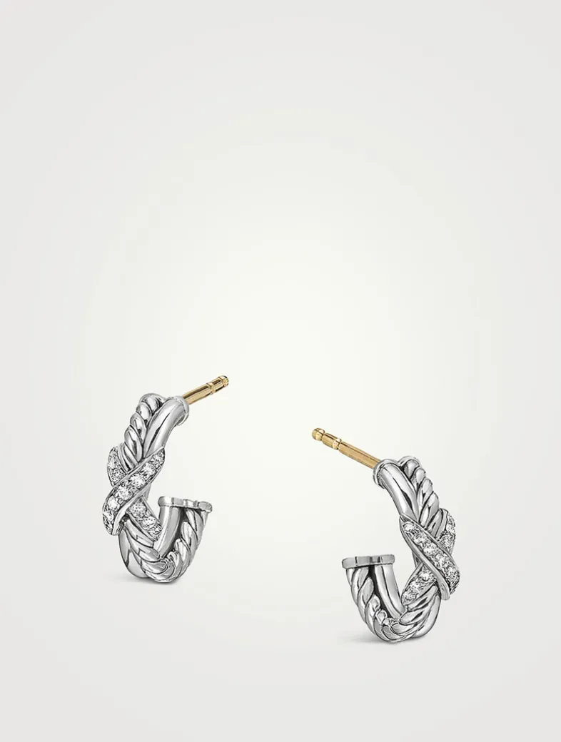 Petite X Hoop Earrings In Sterling Silver With Pavé Diamonds