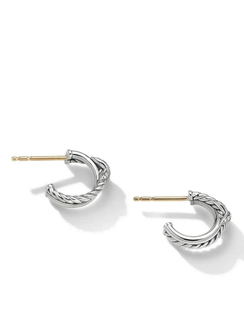 Petite X Hoop Earrings In Sterling Silver With Pavé Diamonds
