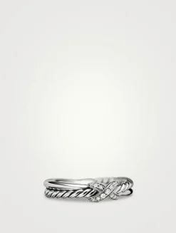 Petite X Ring In Sterling Silver With Diamonds, 4mm