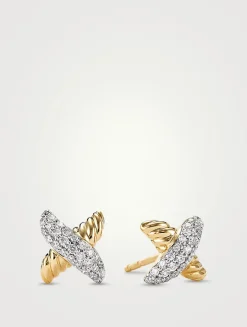 Petite X Stud Earrings In 18k Yellow Gold With Pavé Diamonds