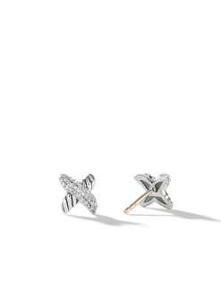 Petite X Stud Earrings In Sterling Silver With Pavé Diamonds