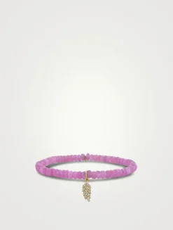 Pink Sapphire Beaded Bracelet With Gold Diamond Tiny Feather Charm