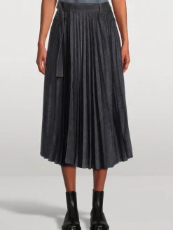 Pleated Denim Midi Skirt