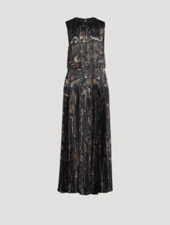 Pleated Satin Maxi Dress In Floral Print