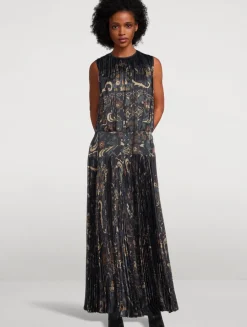 Pleated Satin Maxi Dress In Floral Print