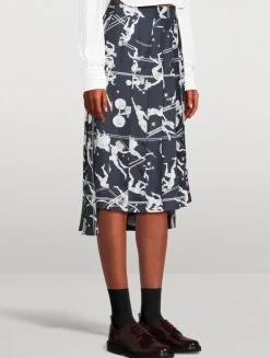Pleated Silk Midi Skirt In Olympic Constellation Print