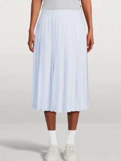Pleated Silk Twill Midi Skirt In Stripe Print