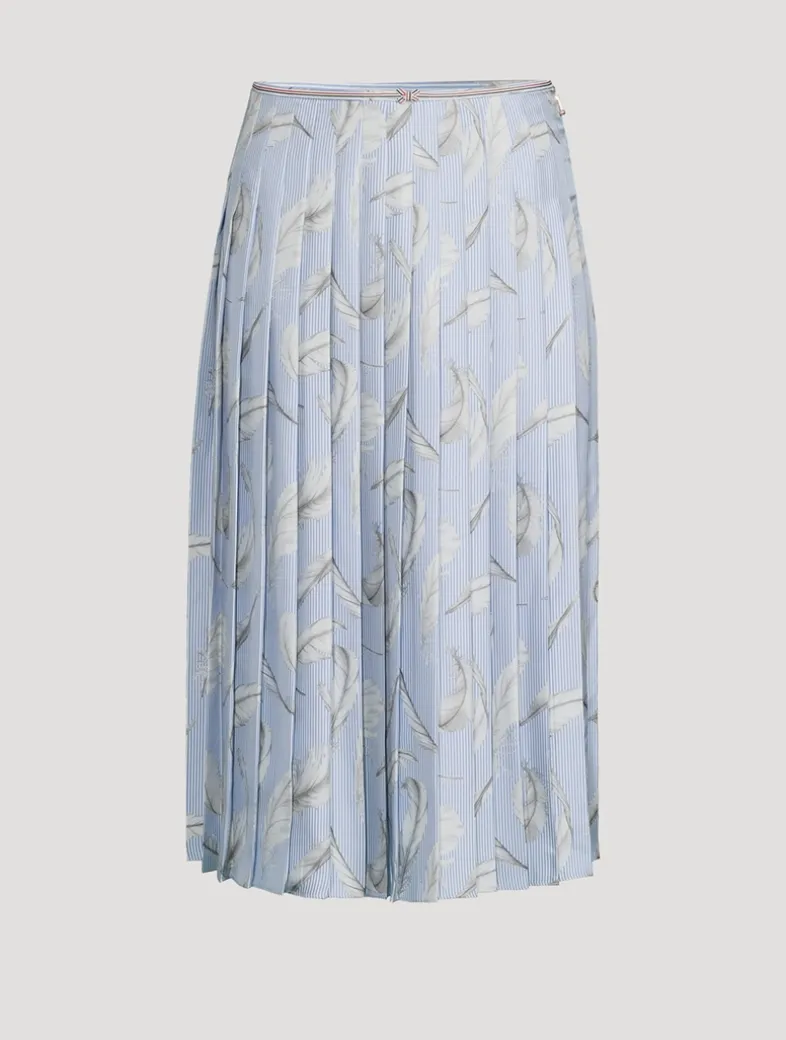 Pleated Silk Twill Midi Skirt In Feather Print