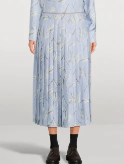 Pleated Silk Twill Midi Skirt In Feather Print