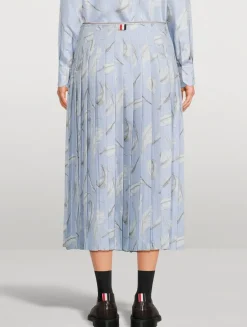 Pleated Silk Twill Midi Skirt In Feather Print