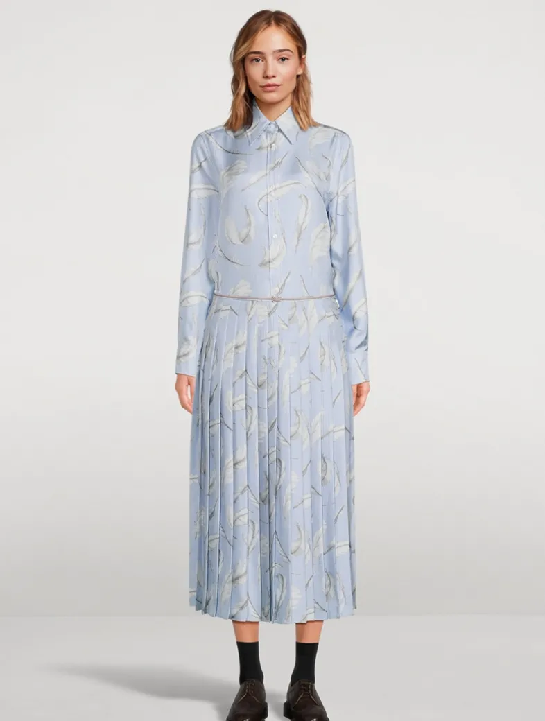Pleated Silk Twill Midi Skirt In Feather Print