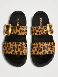 Pony Hair Slide Sandals In Leopard Print
