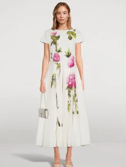 Poplin Midi Dress In Painted Roses Print