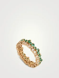Princess Short Stack 18K Gold Ring With Emeralds And Diamonds