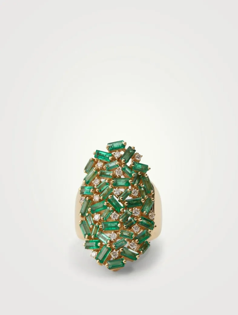 Rainbow Fireworks 18K Gold Shield Ring With Emeralds And Diamonds