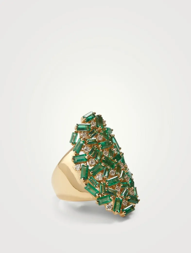 Rainbow Fireworks 18K Gold Shield Ring With Emeralds And Diamonds