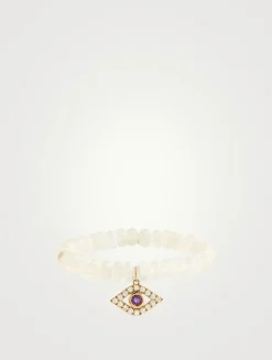 Rainbow Moonstone Beaded Bracelet With 14K Gold Extra Large Bezel Diamond Evil Eye Charm