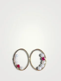 Recycled 14K Gold Oval Nested Pearl And Ruby Earrings
