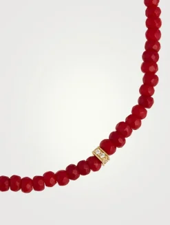 Red Bamboo Coral Beaded Bracelet With Small 14K Gold Pavé Diamond Bead