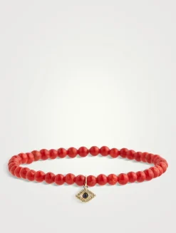 Red Coral Beaded Bracelet With 14K Gold Diamond Tiny Bezel Evil Eye Charm