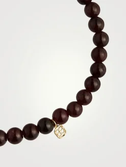 Red Garnet Beaded Bracelet With Small 14K Gold Diamond Chai Charm