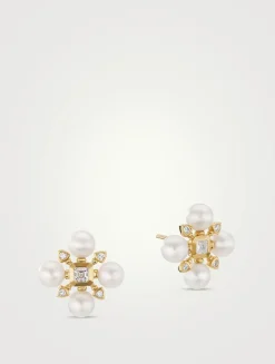 Renaissance Pearl Stud Earrings In 18k Yellow Gold With Diamonds