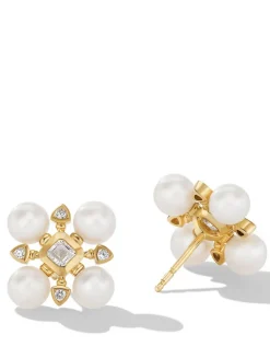 Renaissance Pearl Stud Earrings In 18k Yellow Gold With Diamonds