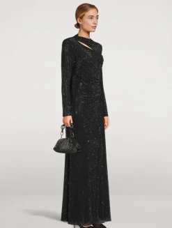 Rhinestone Mesh Cut-Out Maxi Dress