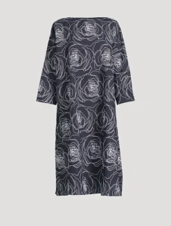 Rose-Embroidered Linen Cotton Tunic Dress