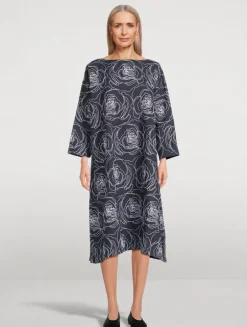 Rose-Embroidered Linen Cotton Tunic Dress