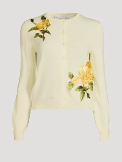 Rose-Embroidered Wool Cardigan
