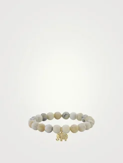 Round African Opal Beaded Bracelet With Small 14K Gold Elephant Charm