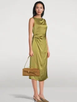 Ruched Crinkled Satin Midi Dress