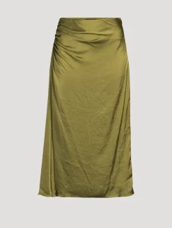 Ruched Crushed Satin Midi Skirt