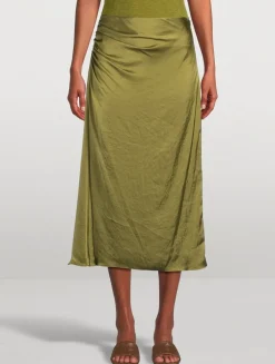 Ruched Crushed Satin Midi Skirt