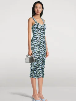 Ruching Midi Dress In Peony Print