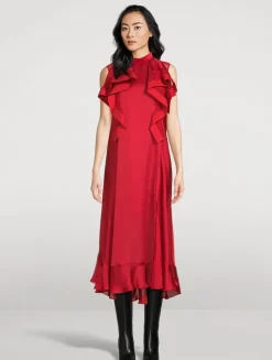 Ruffled Satin Midi Dress