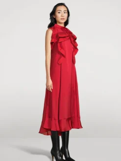 Ruffled Satin Midi Dress