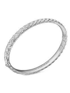 Sculpted Cable Bangle Bracelet In 18k White Gold With Diamonds, 6.2mm