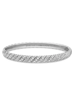 Sculpted Cable Bangle Bracelet In 18k White Gold With Diamonds, 6.2mm