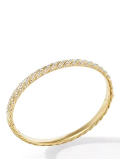 Sculpted Cable Bangle Bracelet In 18k Yellow Gold With Diamonds, 6.2mm
