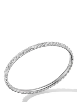 Sculpted Cable Bangle Bracelet In 18k White Gold With Diamonds