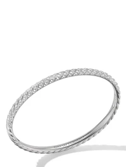 Sculpted Cable Bangle Bracelet In 18k White Gold With Diamonds