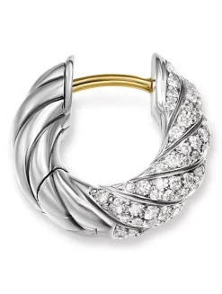 Sculpted Cable Hoop Earrings In Sterling Silver With Diamonds, 14.4mm
