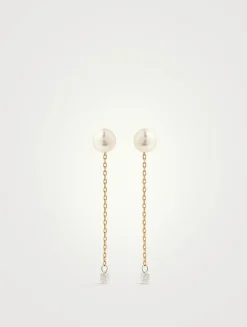 Sea Of Beauty 14K Gold Pierced Diamond And Pearl Chain Earrings