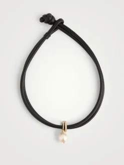 Sea Of Beauty Leather Necklace With Pearl And 0.34 ct Diamond Slider