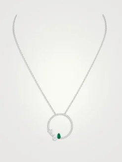 Serti Sur Vide White Gold Round Pendant Necklace With Emerald And Diamonds
