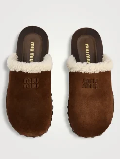 Shearling-Trimmed Suede Clogs